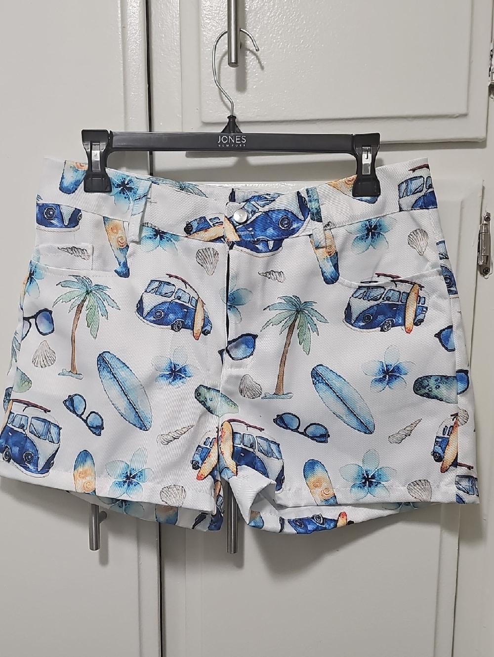 White Beach-Print Jean Shorts with Blue Surf Motif
